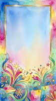 Watercolor gradient frame with gold border and colorful floral ornaments, stars, and decorative swirls. Isolated on white background, ready for invitations, greeting cards, posters, and design projects.