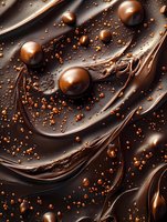 Luxurious dark chocolate swirls with glossy spheres and crispy balls creating dynamic texture, suitable for confectionery advertising and food packaging design.