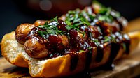 Gourmet meatball sandwich with rich glaze sauce and fresh herbs on toasted bread, served on wooden board against dark background.