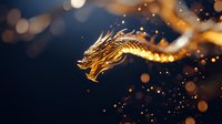 Mystical golden dragon head with glowing particles and bokeh effects against dark background, fantasy creature design for gaming and digital art projects.