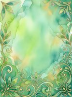 Watercolor background with soft green and yellow washes, ornate gold leaf corner borders and flourishes, isolated on white for design projects and invitations.