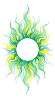 Watercolor sun with flowing rays in green, yellow, and teal tones, isolated on white background. Suitable for wellness, nature, and design projects.