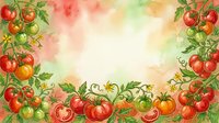 Ripe tomatoes with green foliage frame a soft watercolor background, creating a fresh, organic border suitable for food packaging, recipe cards, and culinary designs.