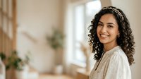 Young woman with long curly dark hair and warm smile wearing light beige cardigan indoors near window with plants, suitable for lifestyle, wellness, and portrait projects.