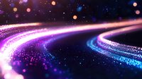 Glowing curved light trails with sparkling particles in purple and blue colors against dark background create magical cosmic atmosphere.