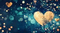 Glowing golden hearts float against deep teal background with magical bokeh lights and sparkles creating romantic dreamy atmosphere for Valentine's Day designs.