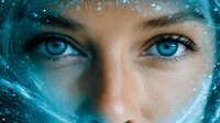 Close up view of bright blue eyes with magical sparkles and cosmic elements in turquoise tones creating mysterious ethereal atmosphere.