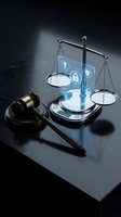 Digital justice scales with cybersecurity lock icons and wooden gavel on dark surface representing legal technology and data protection law enforcement.