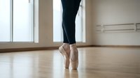 Ballerina in pointe shoes performing on wooden studio floor with natural light from windows, showcasing classical ballet technique and grace for dance instruction and performance content.