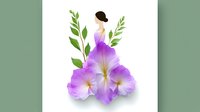 Creative floral composition with purple morning glory flowers forming dress silhouette of woman figure, decorated with green leaves on white background.