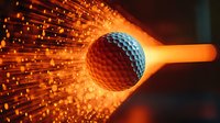 Golf ball with glowing orange light trails and sparks in dramatic motion effect against dark background, creating dynamic sports composition.