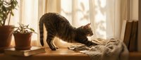 Tabby cat stretching on wooden windowsill in warm sunlight with houseplants and cozy home interior atmosphere for pet lifestyle content.