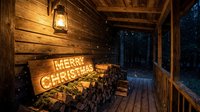 Rustic wooden cabin porch with glowing Merry Christmas sign, stacked firewood, and vintage lantern light in snowy winter forest night.
