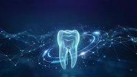 Digital tooth with glowing blue energy waves and network connections on dark background for dental technology and healthcare innovation concepts.
