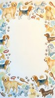 Watercolor dog breeds frame with paw prints, bones, collars and grooming brushes creating decorative border for pet-related designs and invitations.