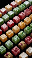 Colorful Turkish delight cubes with powdered sugar coating arranged on black background, traditional Middle Eastern confectionery sweets in red, green and orange flavors.