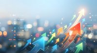 Business growth concept with colorful upward arrows and percentage symbols over blurred city skyline background for financial success presentations.