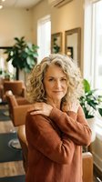 Confident mature Caucasian woman with curly blonde hair wearing cozy rust sweater in bright modern living room with plants for lifestyle and wellness content.