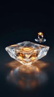 Luxury crystal perfume bottle with golden amber fragrance and elegant stopper on dark reflective surface with warm lighting effects.