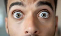 Close-up view of wide open eyes showing surprise, fear or shock emotion. Extreme macro shot focusing on expressive brown eyes and raised eyebrows against blurred background.