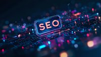 Glowing SEO text on digital circuit board with colorful bokeh lights against dark background, representing search engine optimization technology.