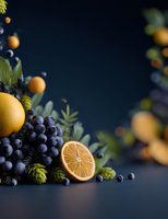 Fresh citrus fruits, blueberries and green herbs arranged in artistic composition against dark blue background, perfect for food marketing.