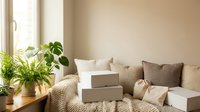 Cozy modern living room interior with laptop on sofa, green plants by window, neutral beige tones creating warm comfortable workspace atmosphere.