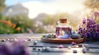 Purple glass bottle with cork on wooden plate surrounded by fresh lavender flowers and zen stones in soft sunlight, aromatherapy and wellness concept.