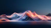 Abstract digital mountain landscape with glowing neon waves in orange and blue colors against dark background, futuristic terrain visualization with light effects.