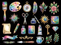 Colorful art supplies and creative tools collection isolated on transparent background, ready for clipart, t-shirt design, stickers, print-on-demand products, and sublimation projects.