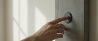 Male hand pressing a modern doorbell button mounted on a concrete wall, suitable for home security, smart home technology, and residential entrance concepts.