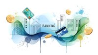 Modern banking concept with credit cards, coins and city buildings on flowing watercolor background for financial services design.