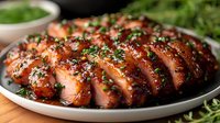 Sliced honey glazed duck breast garnished with fresh herbs and sesame seeds on gray plate, juicy meat with crispy skin and caramelized surface.