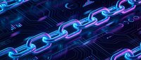 Digital blockchain chain links glowing in neon blue and purple colors over futuristic circuit board background for cryptocurrency and technology concepts.