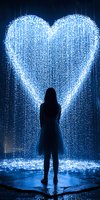 Silhouette of woman standing before glowing blue heart-shaped light installation with cascading sparkles, creating magical atmosphere on dark background.