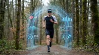 Athletic Caucasian male runner in forest with futuristic holographic fitness data overlay showing health metrics and performance statistics for sports technology.
