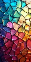 Colorful mosaic pattern with irregular shapes in vibrant gradient from blue to pink and orange, featuring glossy textured surfaces with water droplet effect.