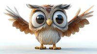 Fluffy cartoon owl character with big expressive eyes and spread wings on white background, suitable for children's book illustration and animation projects.