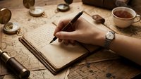 Person writing in journal with pen, surrounded by vintage exploration items including compass, magnifying glass, and maps on wooden surface.