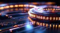 Futuristic glowing circuit ring with blue light trails and orange bokeh effects creates dynamic technological atmosphere. Abstract digital art background.