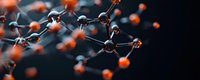 Molecular structure with orange spherical atoms connected by metallic bonds against dark background, creating futuristic scientific visualization.