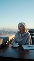 Mature blonde woman enjoying morning coffee on rooftop terrace overlooking city skyline at sunrise with newspaper on table.