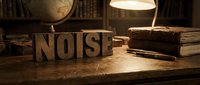 Wooden letter blocks spelling NOISE on vintage desk with old books and warm lamp light creating atmospheric study scene for typography and education concepts.