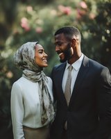 Joyful diverse couple sharing intimate moment in garden setting. Woman in elegant hijab and white top smiles at man in formal suit against soft floral background.