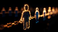 Glowing neon human figures in line formation against dark background create atmospheric perspective with bokeh lights, symbolizing connection and community.