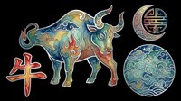 Colorful Chinese zodiac ox with decorative cloud patterns, red calligraphy character, and ornamental medallions, isolated on transparent background for stickers, sublimation, t-shirt design.