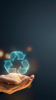 Caucasian male hand holding glowing recycling symbol with digital particles against dark background, representing sustainability and environmental responsibility for eco-friendly business concepts.