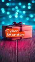 Pink gift box with red ribbon and glowing neon Cyber Monday text on wooden surface against blurred blue bokeh lights background, festive holiday shopping concept.