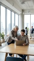 Senior businesswoman mentoring young male colleague at laptop in modern office with city view for corporate training and professional development.