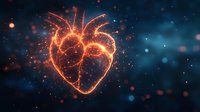 Glowing anatomical heart made of orange light particles and energy waves floating in dark blue space with sparkling bokeh effects and luminous dots.